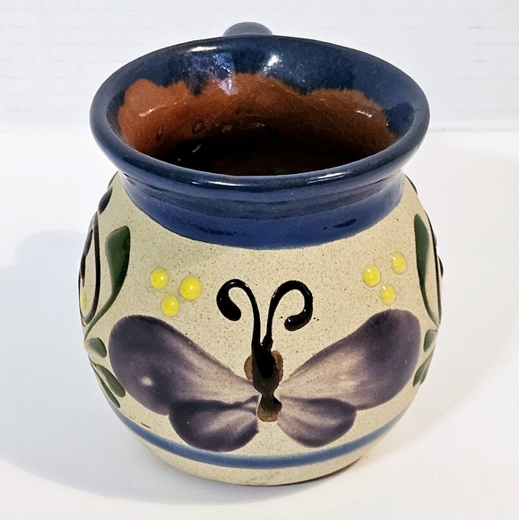 🌺 Mexican Art Red Clay Pottery Coffee Cup Hand Painted Butterfly Themed - Picture 3 of 7